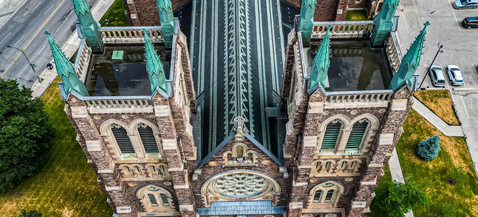 St. Peter's Cathedral Basilica in downtown London, Ontario, seen from directly above its green spires